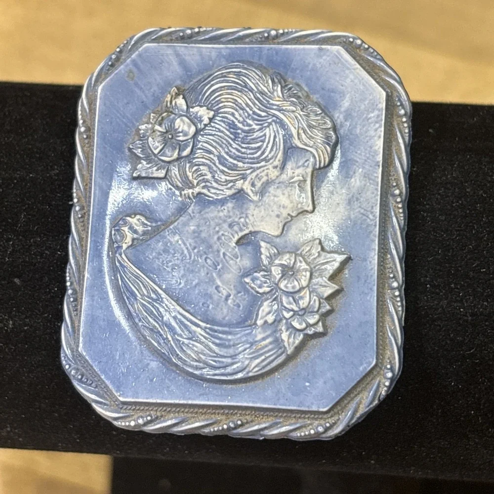 Antique Art Deco Blue Celluloid Cameo Brooch Pin C Clasp Floral Lady 1920s 30s